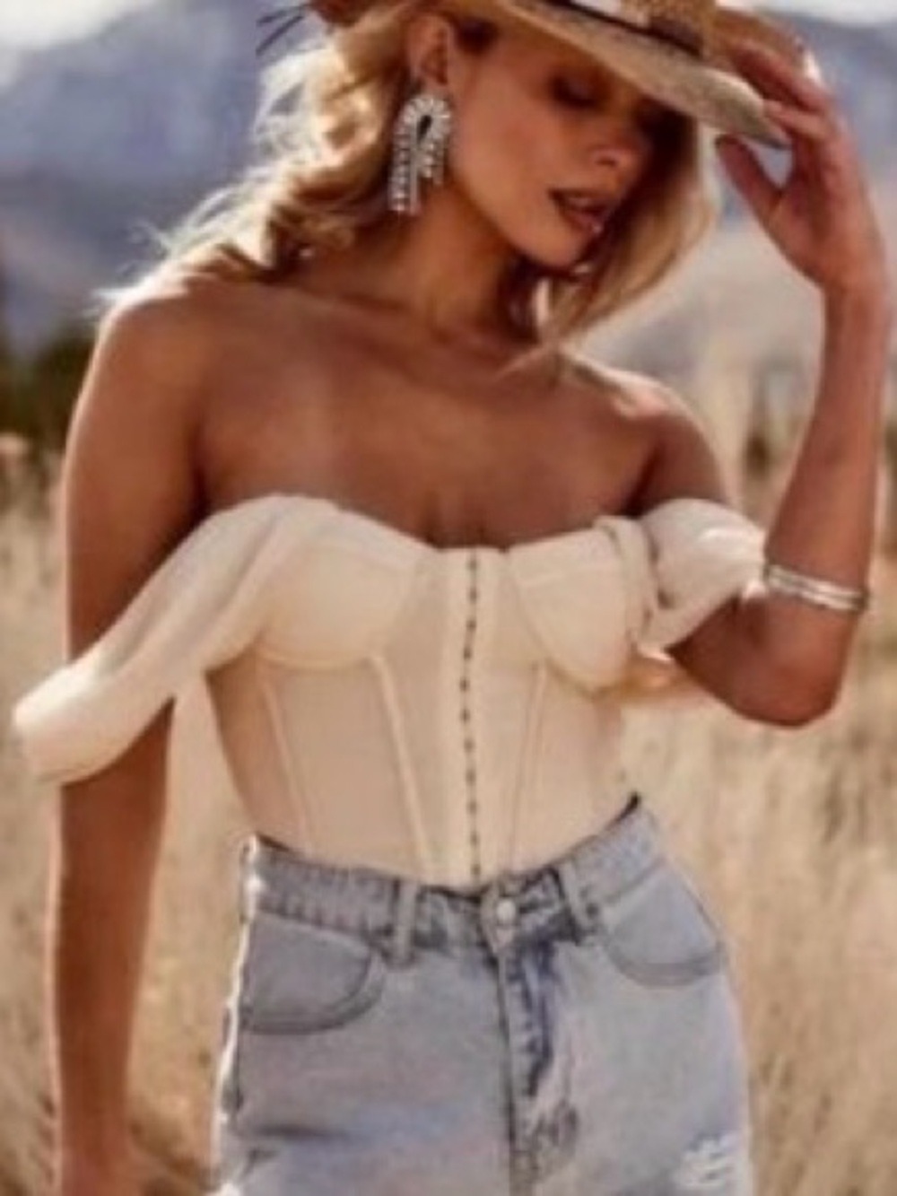 12th Tribe Nude Beige Off-Shoulder Corset Crop Top